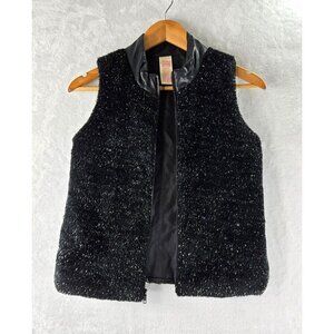 Girls Faded Glory Vest Large Faux Black Fuzzy Fur Silver Threads Puffer Back Qui